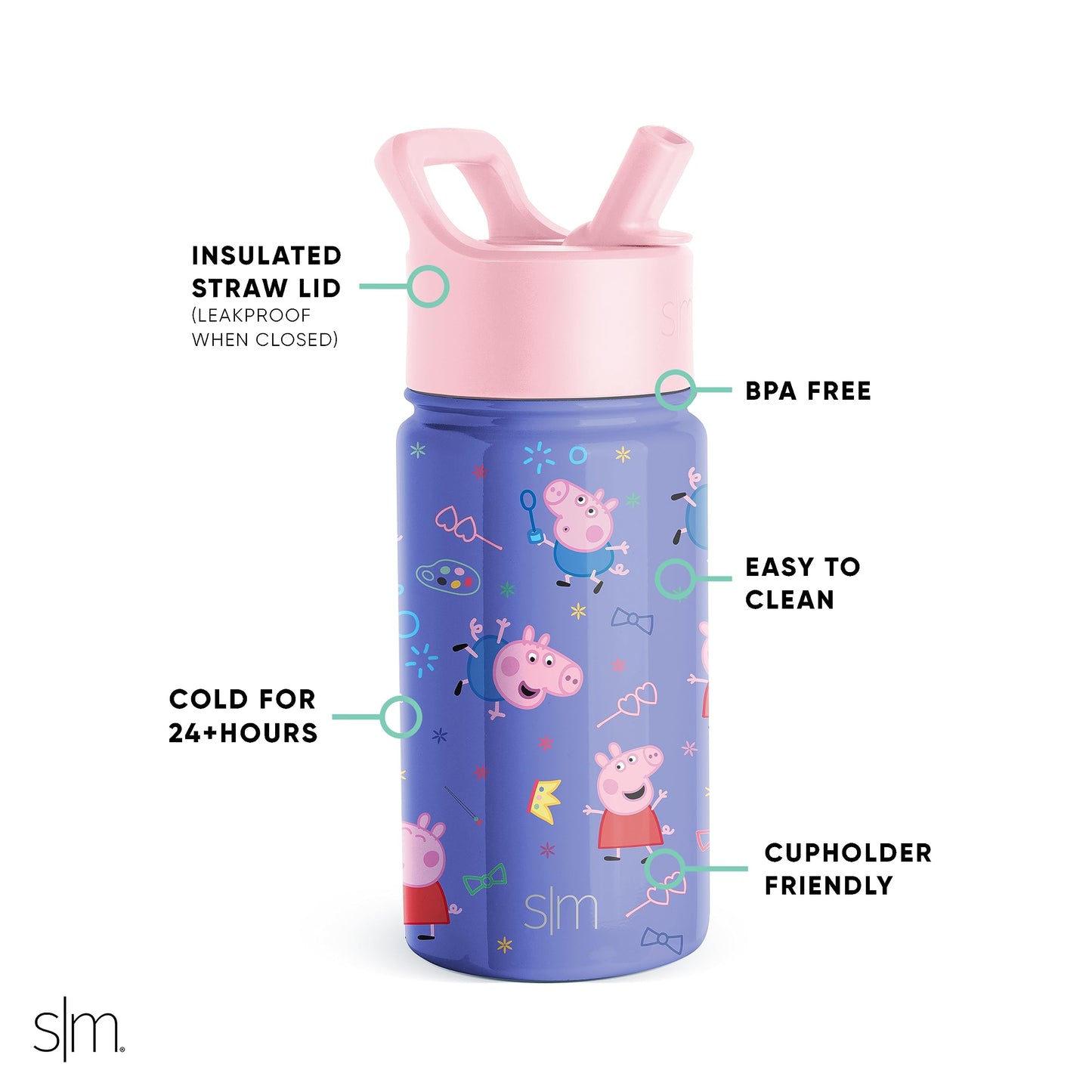 Simple Modern Peppa Pig Kids Water Bottle with Straw Lid | Reusable Insulated Stainless Steel Cup for School | Summit Collection | 14oz, Peppa Pig Bubbles