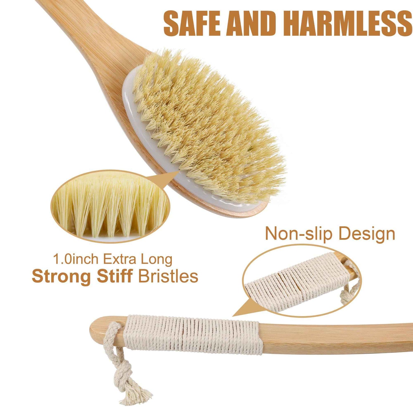 OWIIZI Back Scrubber Brush for Shower,Curved Extra Long Handle Bamboo Stiff Bristle Body Brush for Exfoliating,Natural Agave Stiff Sisal Shower Scrubber for Back Use Wet or Dry-17.9inches