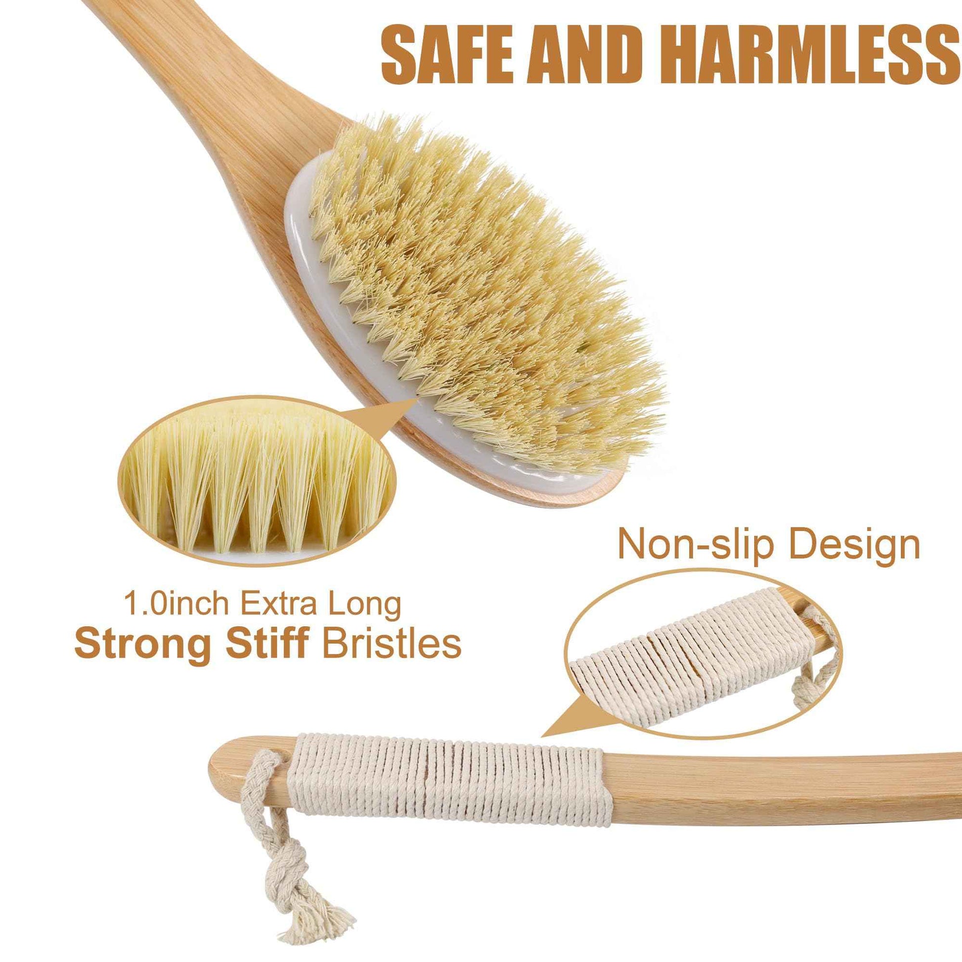 OWIIZI Back Scrubber Brush for Shower,Curved Extra Long Handle Bamboo Stiff Bristle Body Brush for Exfoliating,Natural Agave Stiff Sisal Shower Scrubber for Back Use Wet or Dry-17.9inches