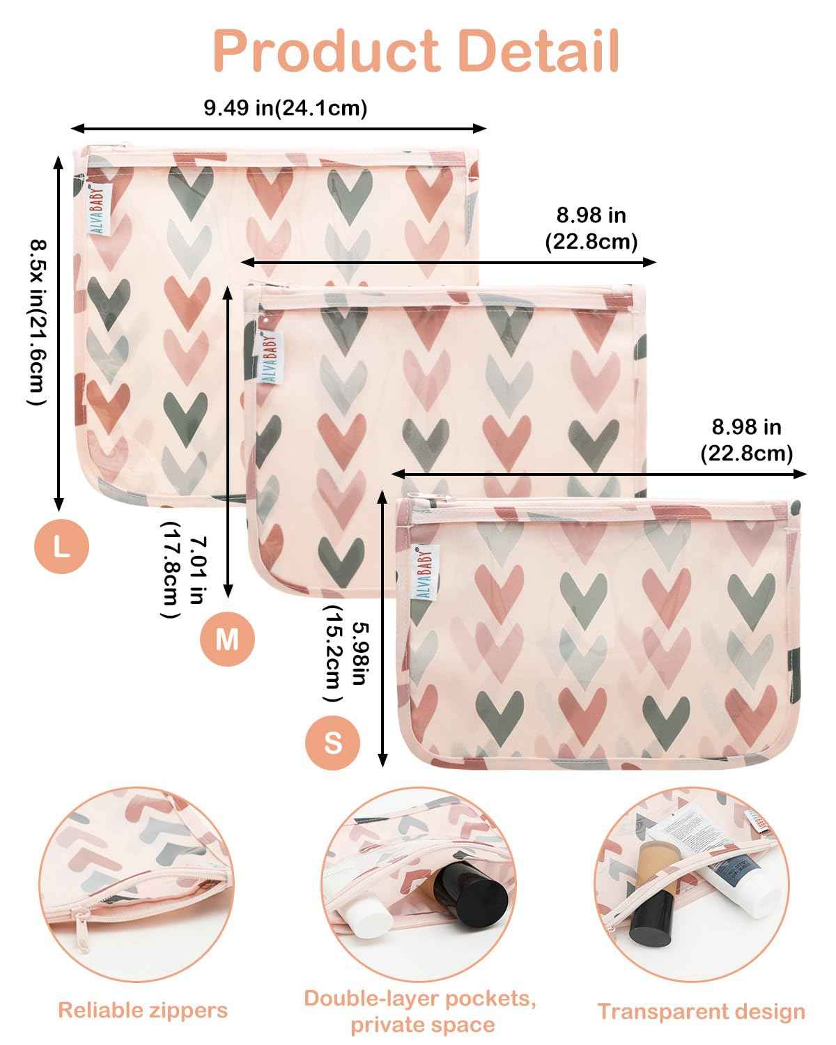 ALVA 3pcs Mess-Proof Travel Toiletry Bag,Makeup BagClear/Cosmetic & Diaper Organizer with Front Pouch