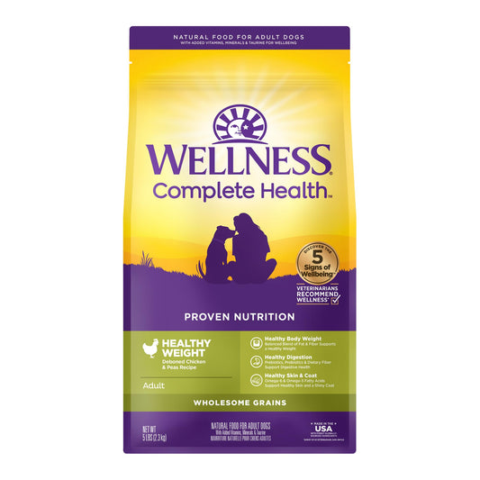 Wellness Complete Health Dry Dog Food with Grains, Natural Ingredients, Made in USA with Real Meat, All Breeds, For Adult Dogs (Healthy Weight - Chicken & Potatoes, 5-Pound Bag)