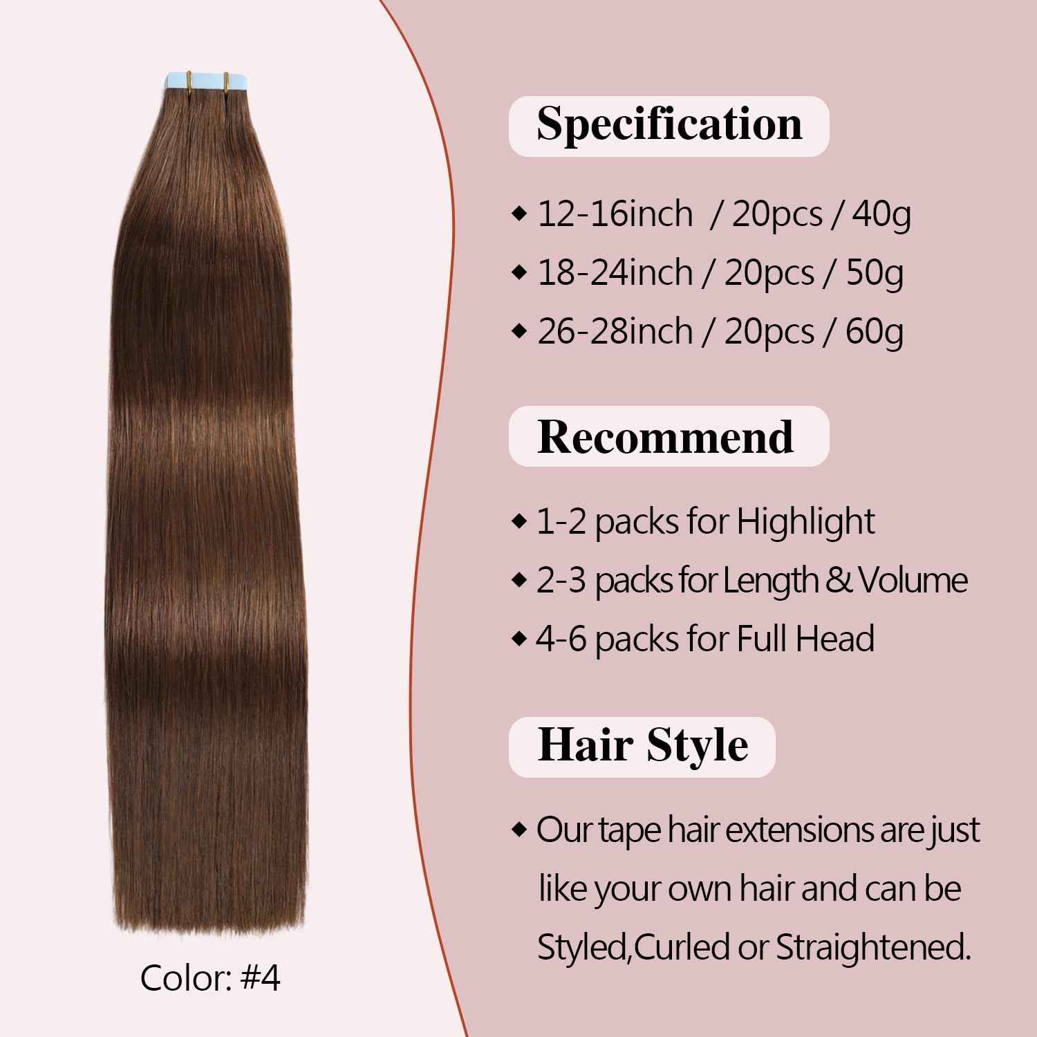 Sunya Tape in Hair Extensions Human Hair 14 inches Silky Straight Remy Human Hair Seamless Skin Weft Hair Extensions Tape in 14 inches #4 Chocolate Brown 40 Gram 20Pcs/Pack Thick Hair