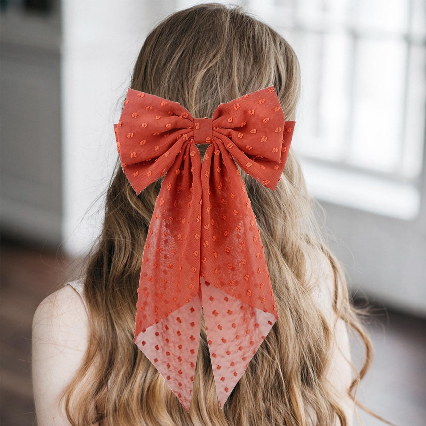 2PCS Large Hair Bows Ribbon Hair Clips, Double Layers Big Bow Hair Clip With Long Tail Ribbon Bowknot Hair Barrettes, Ponytail Holder Hair Accessories for Women Girls (Red-Orange)