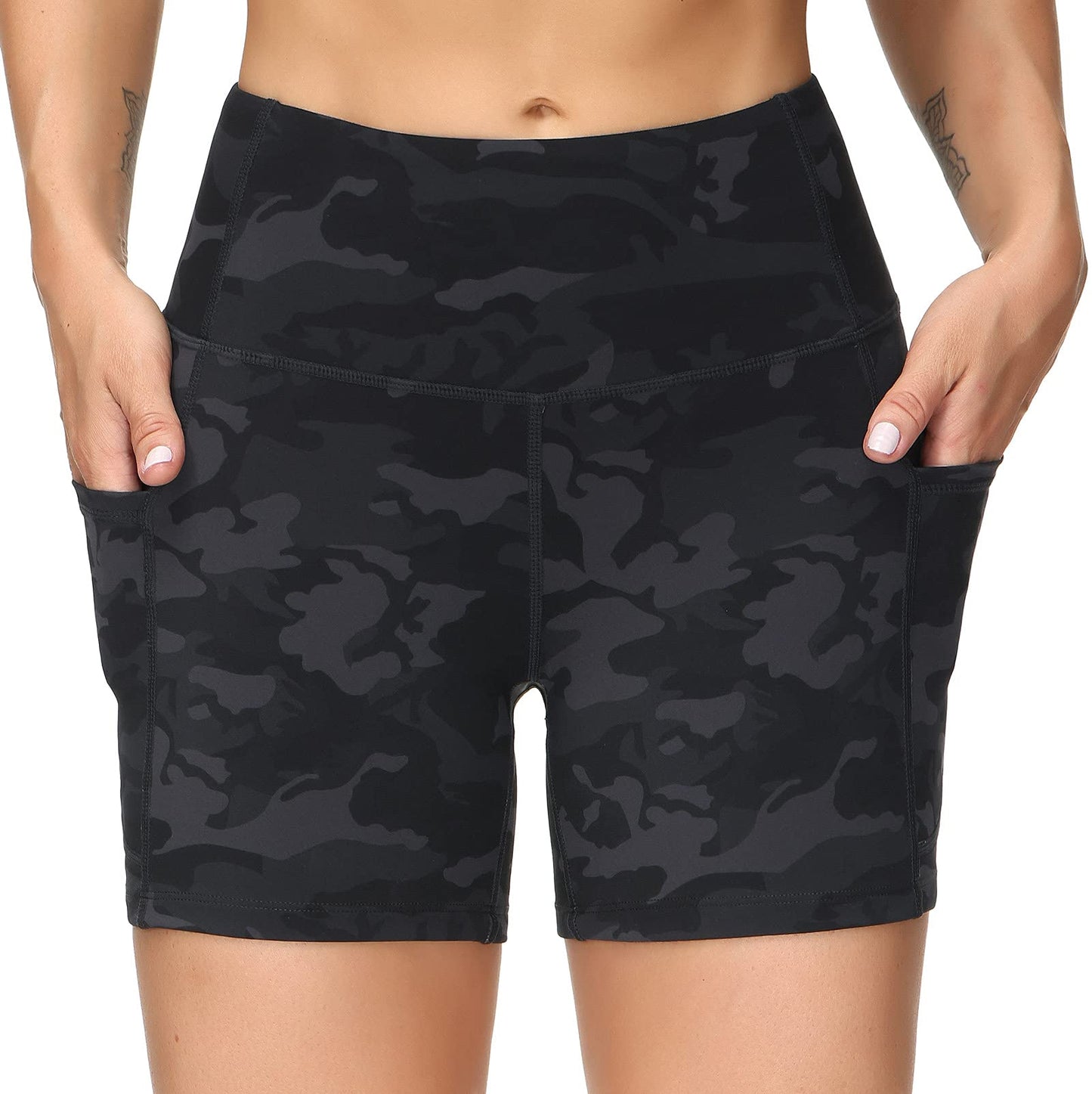 THE GYM PEOPLE High Waist Yoga Shorts for Women Tummy Control Fitness Athletic Workout Running Shorts with Deep Pockets (Small, Black Camo)