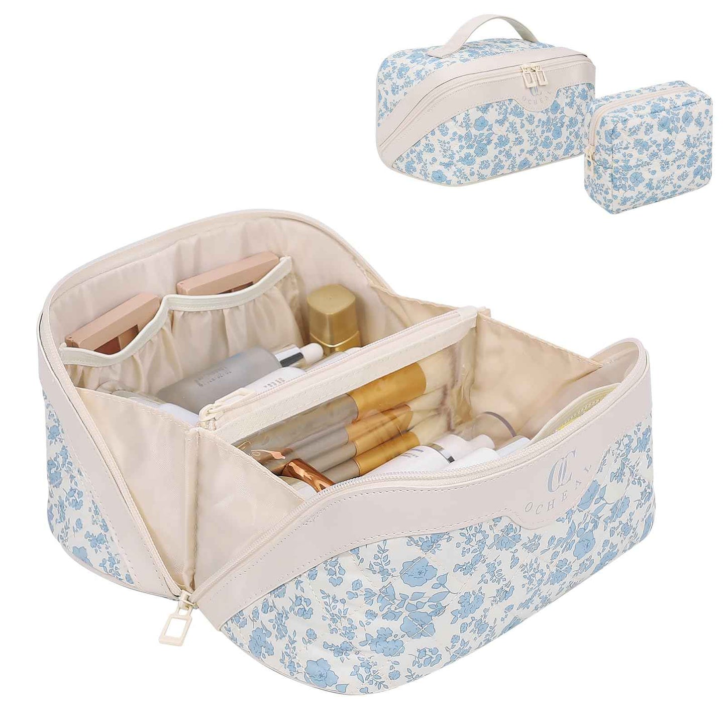 Travel Makeup Bag Organizer Cosmetic Bag, 2Pcs Floral Make up Bag Portable Pouch Open Flat Pouch Clear Divider and Handle