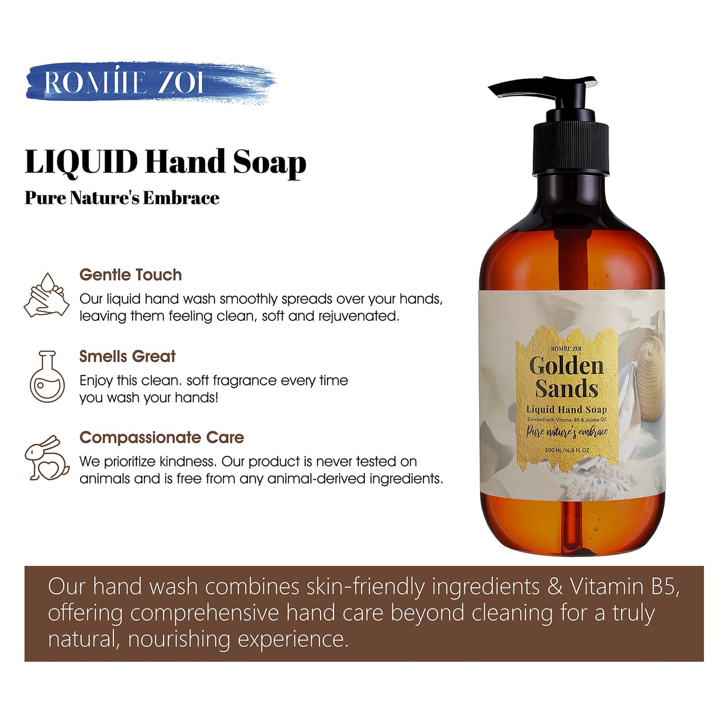 ROMIIE ZOI Cape Cod Golden Sands Liquid Hand Soap - Island Breeze Essence, 500ml (16.8 fl oz)