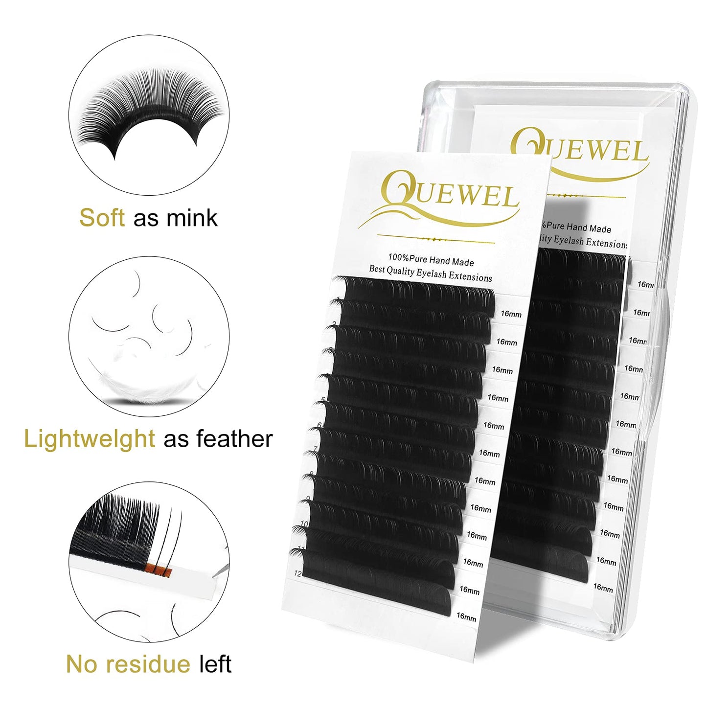 QUEWEL Eyelash Extension Supplies 0.15 C Curl 16mm Classic Individual Lash Extensions|Optinal 0.03/0.05/0.07/0.10/0.15/0.20 C/D Single 8-25mm Mix 8-14mm 15-20mm 20-25mm|(0.15 C 16mm)