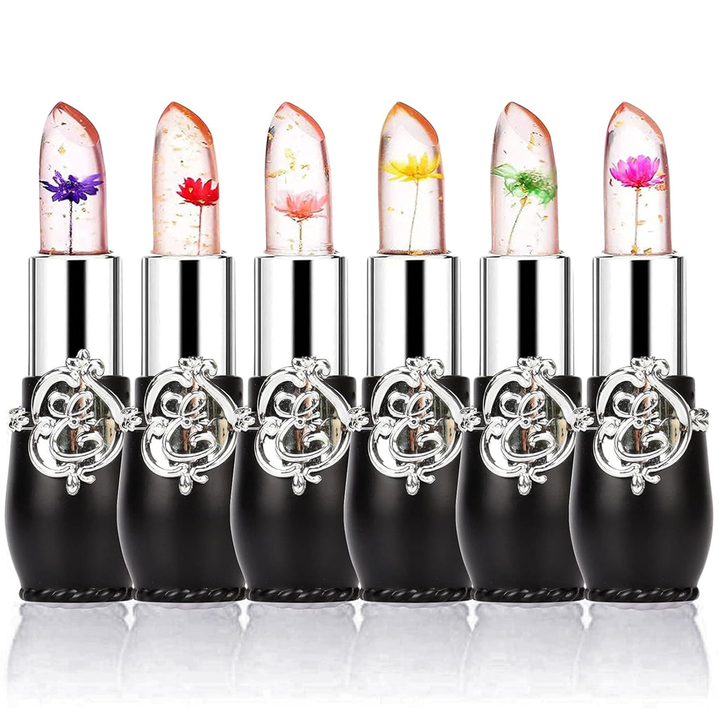 firstfly Pack of 6 Crystal Flower Jelly Lipstick, Long Lasting Nutritious Lip Balm Lips Moisturizer Magic Temperature Color Change Lip Gloss (Pink)