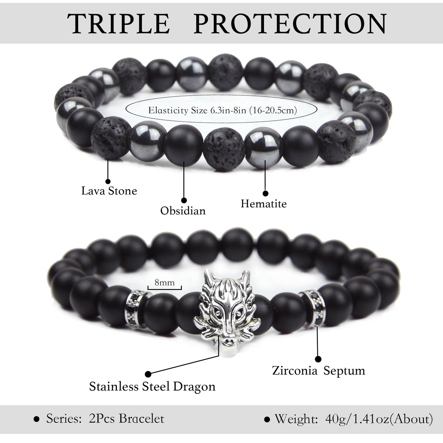 Black Obsidian Bracelet - Dragon Bracelet - Tourmaline Beaded bracelets, 8MM Black Onyx Hematite Lava Stone Beads Triple Protection Bracelet for Men Women Gifts