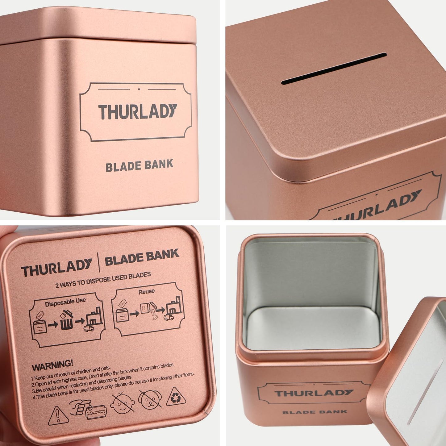 THURLADY Razor Blade Bank for Used Double Edge Safety Razor Blades, Home and Travel Essentials Women's Safety Razor Accessories, Metal Blade Disposal Case for Safe Storage Blades, Rose Gold