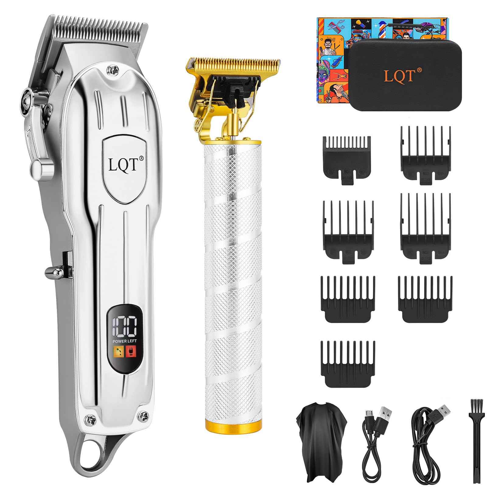 LQT Professional Hair Clipper Set, Gold, LED Display, with Trimmer, 8 Guide Combs, Barber Shaver Set, with Travel Case and Haircut Cape (Silver)