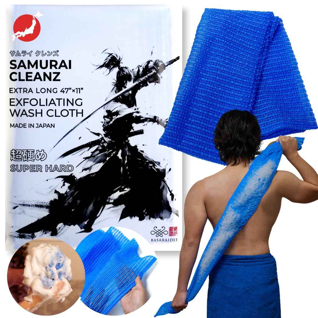 Samurai Cleanz, Resistant Exfoliating Washcloth for All Skin Types, Exfoliating Shower Towel, Premium Japanese washcloth, Deep Cleanse for Body Face, Quick Drying, Extra Long Design - Made in Japan