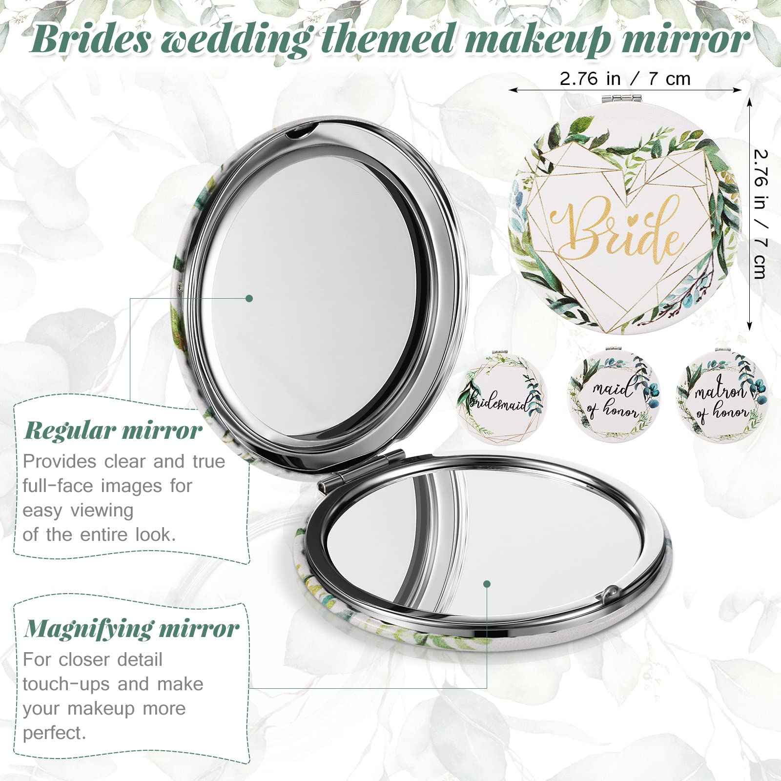 24 Pieces Bridesmaid Proposal Gifts Wedding Makeup Bag Gift Set Includes 8 Bridesmaid Makeup Bags 8 Satin Hair Scrunchies 8 Bridesmaid Compact Mirrors(Green Leaves)