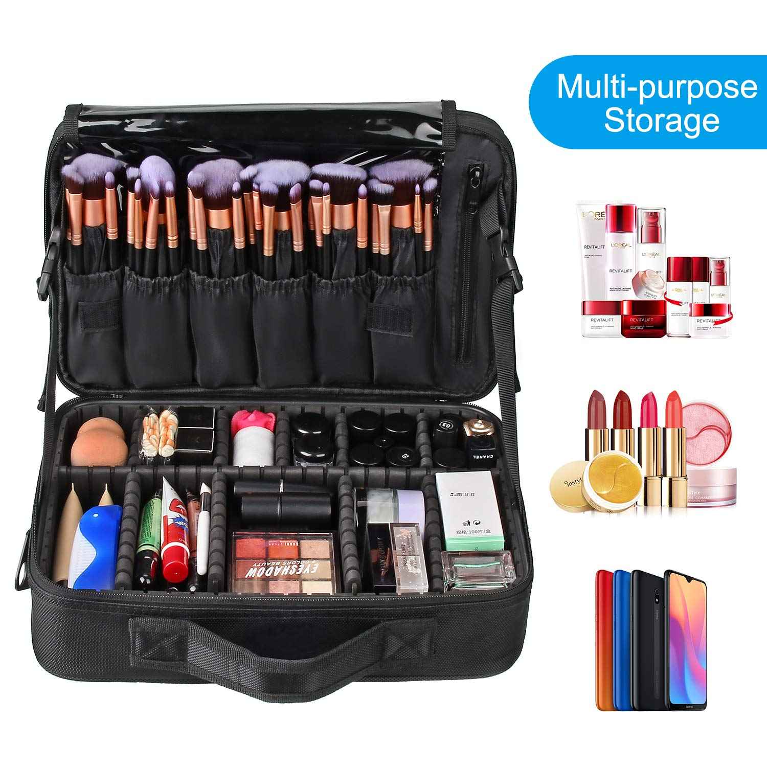 Relavel Travel Makeup Train Case Makeup Cosmetic Case Organizer Portable Artist Storage Bag with Adjustable Dividers for Cosmetics Makeup Brushes Toiletry (medium black)