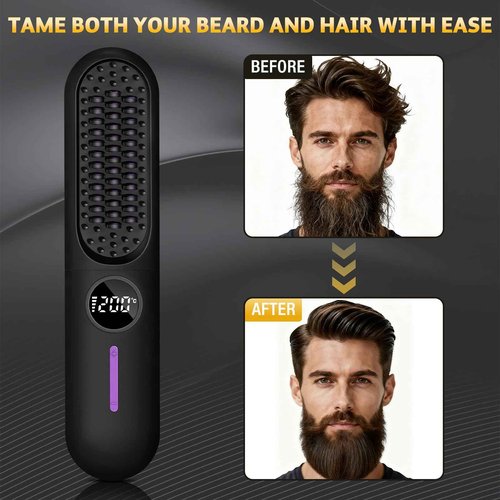 Beard Straightener for Men,Professional Electric Mens Beard Straightening，Anti-Scald Straightening Brush for Beard，Portable for Travel and Home Use, 7 Temperature Setting Comb for Home Travel