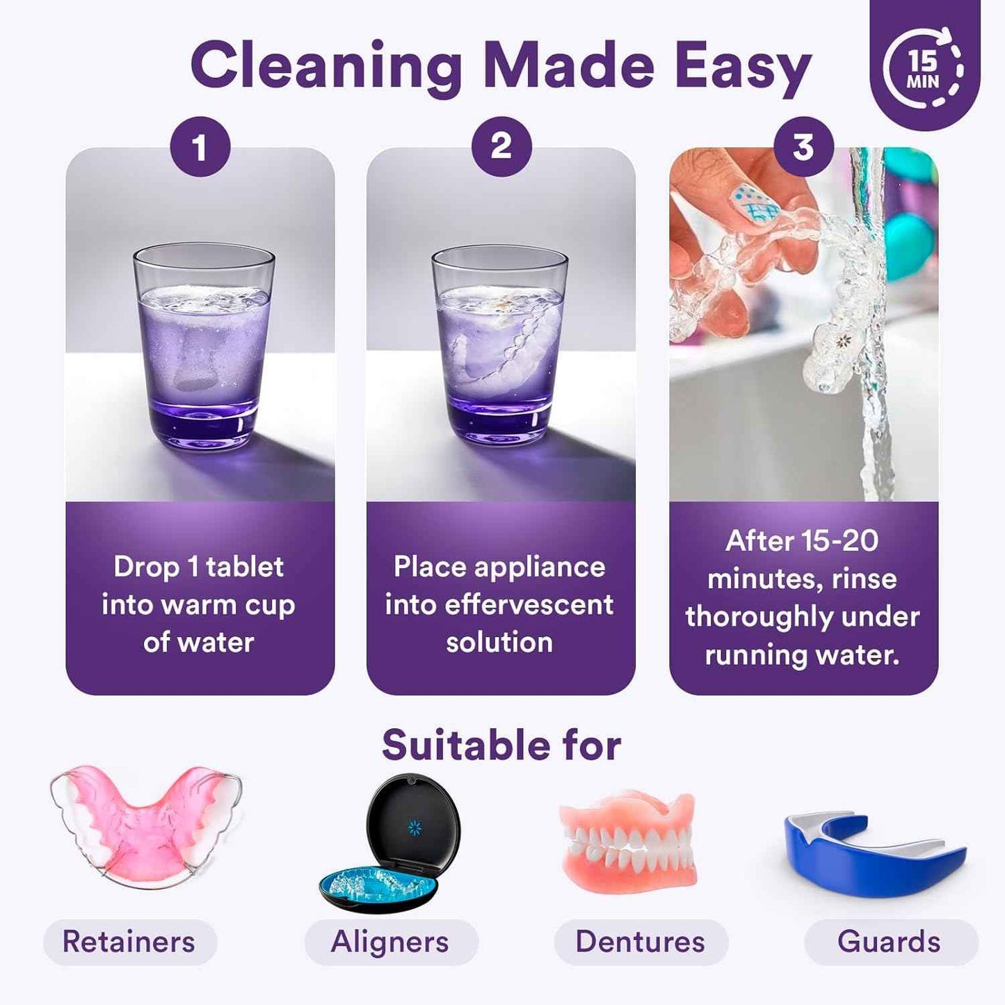 Weiss Naturals Retainer Cleaner Tablets, Invisalign Cleaner, Remove Stains, Odors & Plaque, PERSULFATE FREE Night Guard & Denture Cleaner 4-Month Supply, 120 Grape Scented Tablets