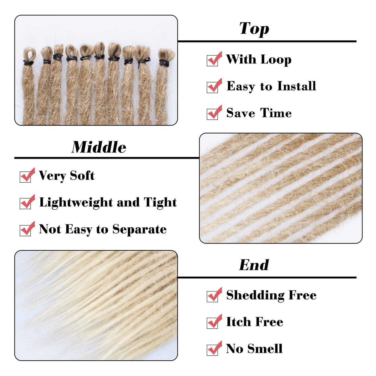 Leeven 20 Strands Synthetic Dreadlock Extensions 18 Inch Single Ended Ombre Blonde Thin Dreads Extensions Crochet Hippe Dreads Handmade 0.6 cm Width Loc Extensions Reggae Style Hair for Women Men