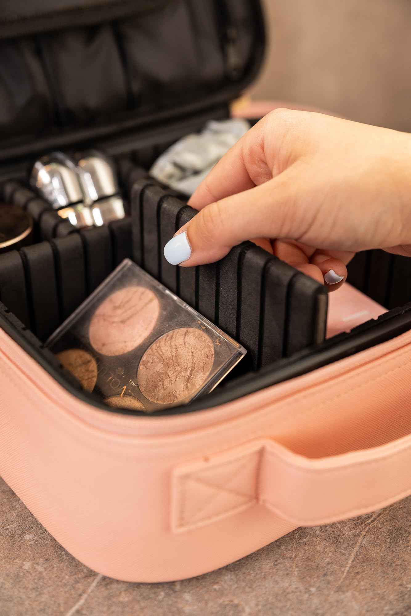 (Not Made In China) Makeup Bag Travel Case, Train Case for Cosmetics, Portable Beauty Organizer, Cosmetic Storage Bag With Adjustable Dividers For Make Up and Brushes