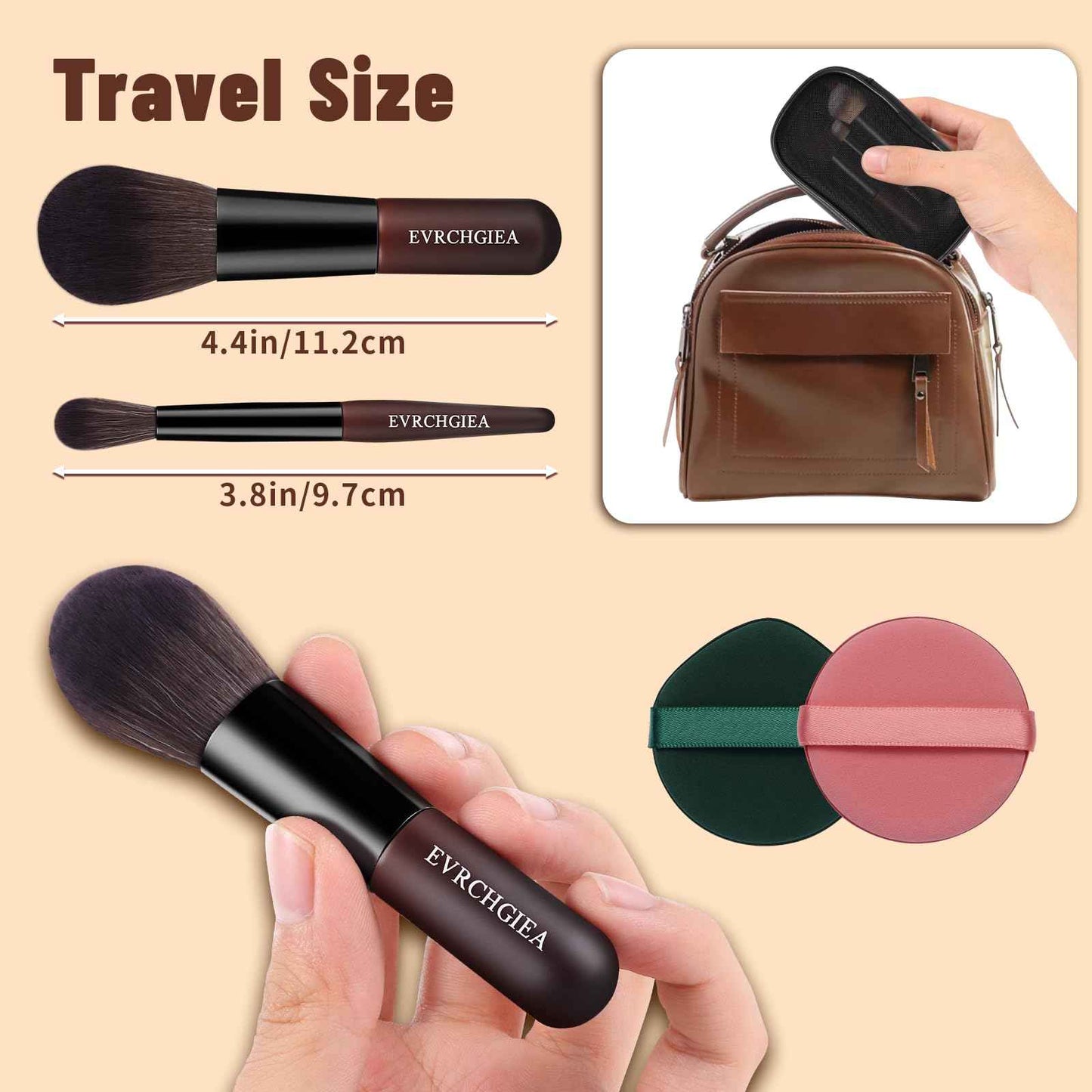 Travel Makeup Brush Set, 15 pcs Mini Makeup Brushes and 2 Puff for Foundation, Powder, Eyeshadow, Highlight, Contour, Blush & Concealer, Small Makeup Brush Set Purse Size with Case (black and brown)