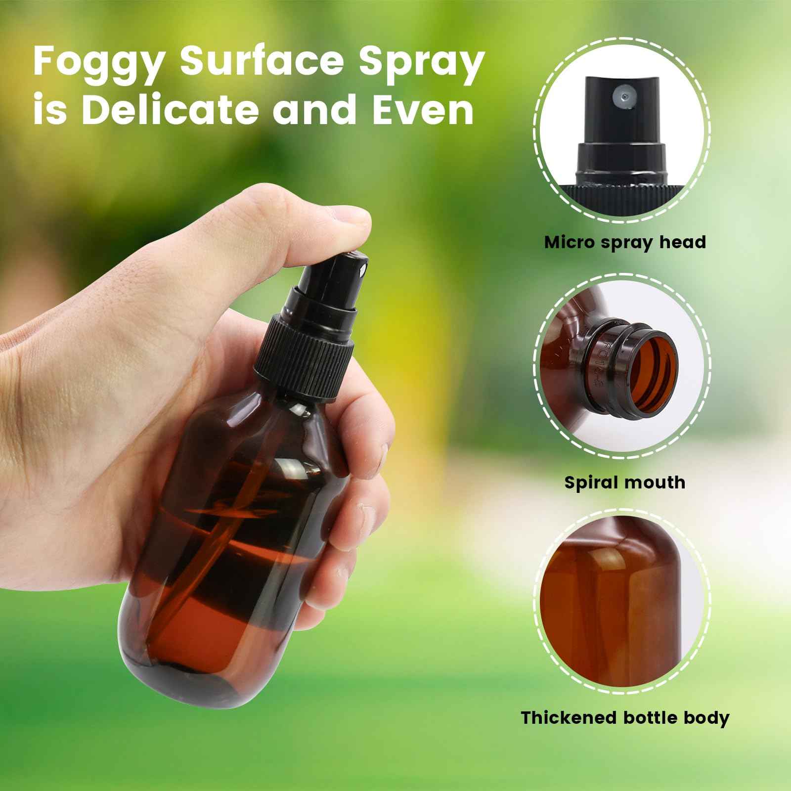 TRENDBOX 6 Pack 3.4oz Amber Spray Bottles, Small Fine Mist Mister Plastic Travel Bottles, Empty Bottles Set for Essential Oils Hair