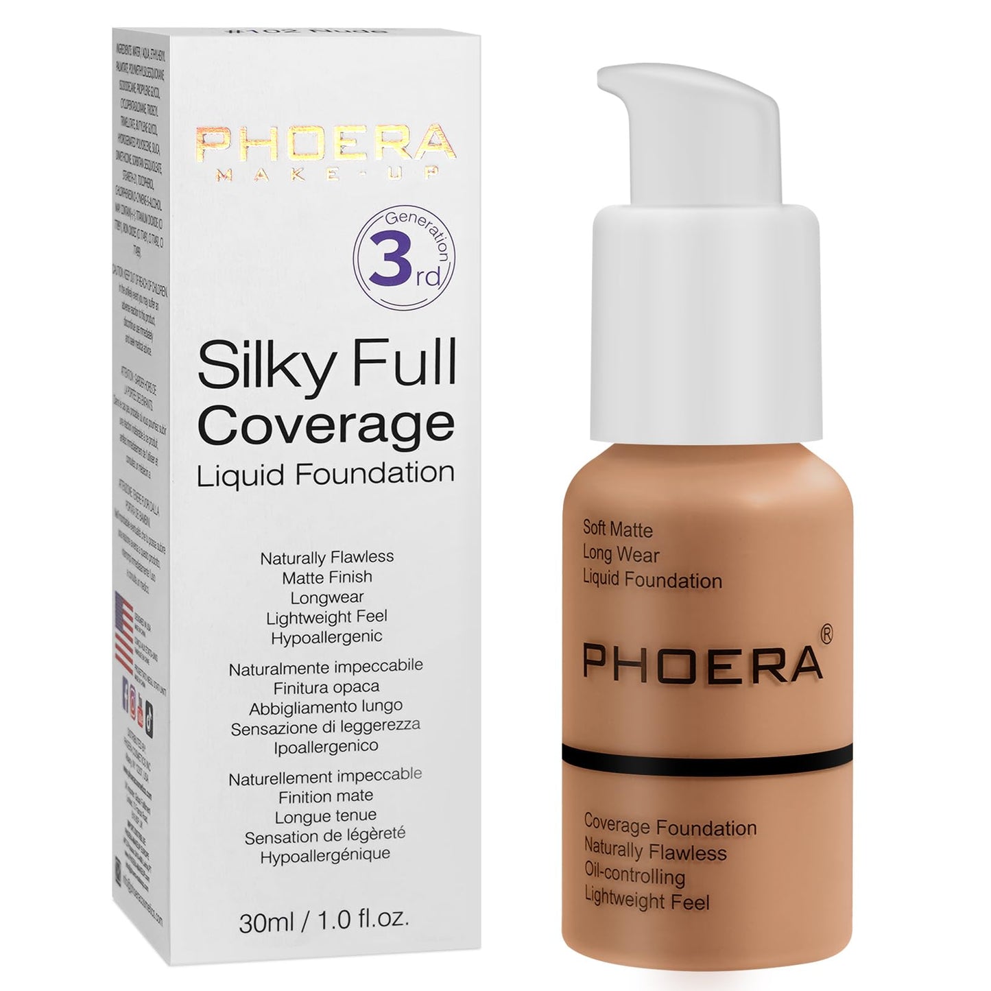 PHOERA Foundation, PHOERA Matte Liquid Foundation,PHOERA Makeup for Women, PHOERA Foundation Full Coverage Concealer, 30ml 24HR Matte Oil Control Concealer (107- Hone)