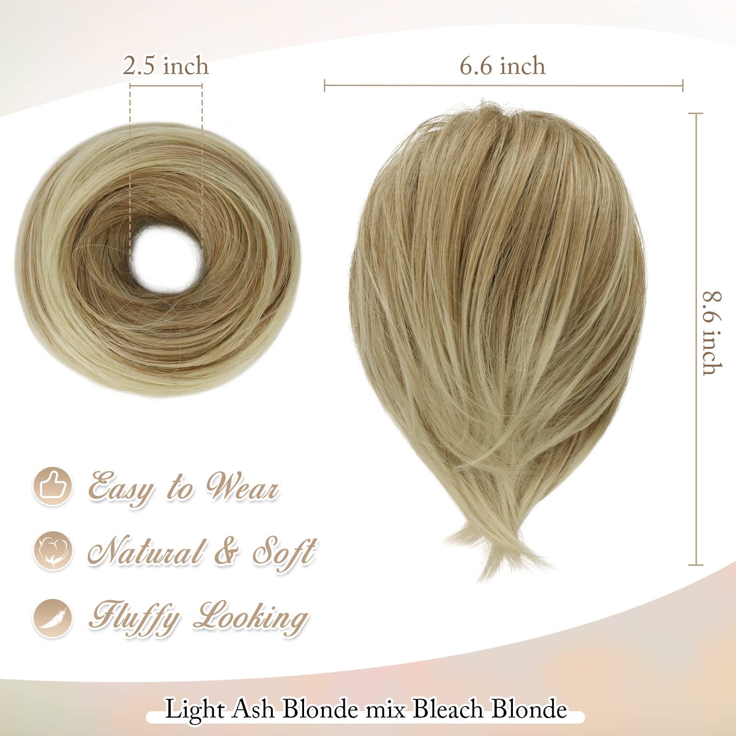 BARSDAR Hair Bun Ponytail Extension, Straight Synthetic Hairpiece Fully Short Ponytail Bun Extensions Hair Accessories Elastic Easy Scrunchie for Women (Light Ash Blonde mix Bleach Blonde)