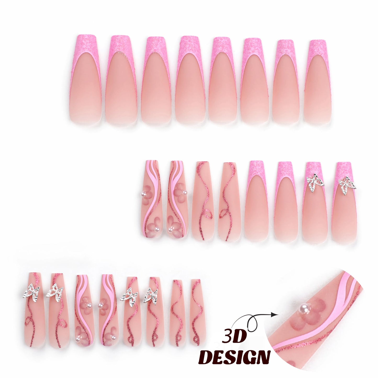 BABALAL French Tip Press on Nails Long Coffin Fake Nails Pink Swirl Glue on Nails 3d Metallic Butterfly Charm Design Bling Acrylic Nails 24Pcs Ballerina Manicure False Nails for Women and Girls