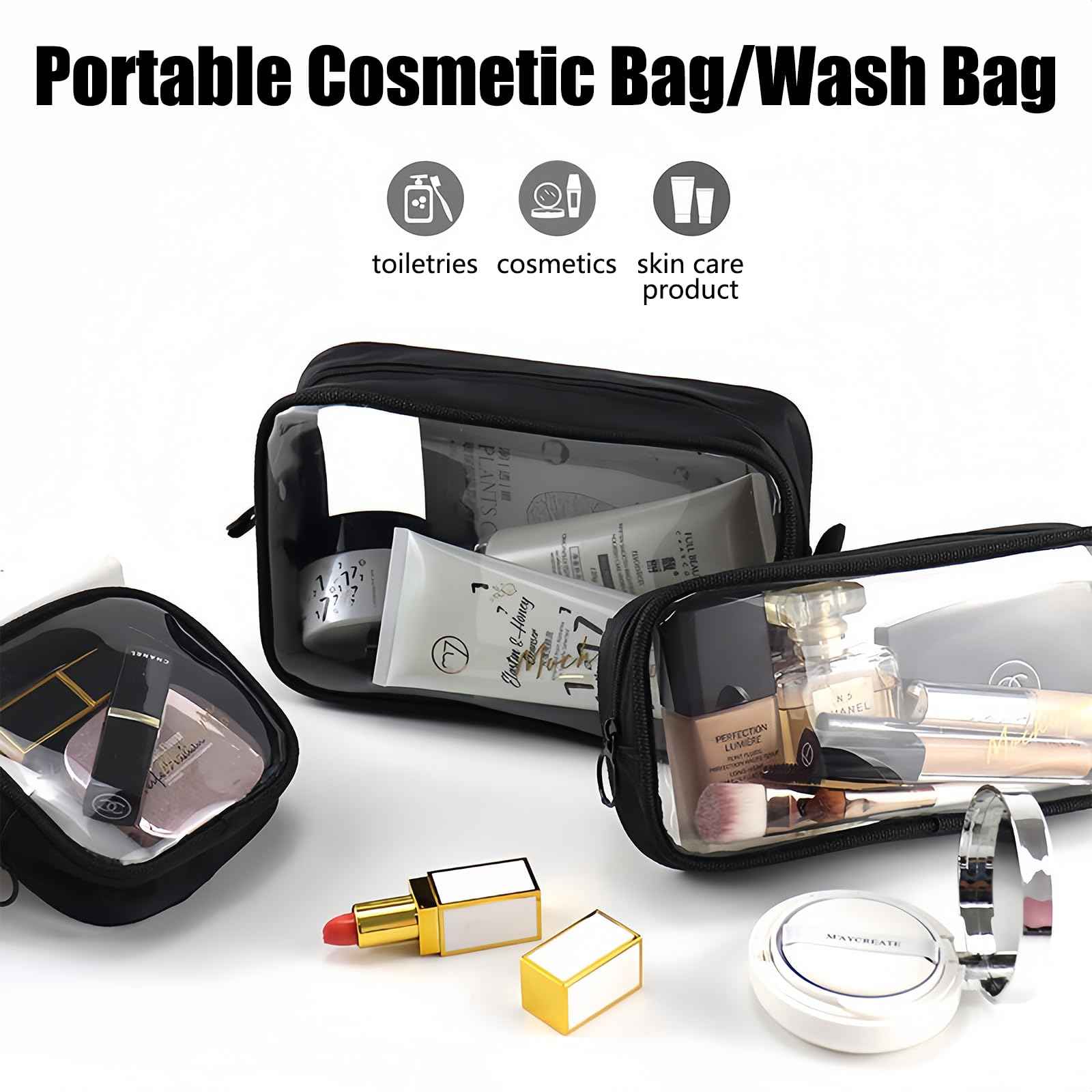 Cozomga Clear TSA Approved Toiletry Bag Set - 3 Pack (Large, Small and Mini) Clear Cosmetic Bag with Zipper, Quart Size Travel Essentials Organizer Perfect for Carry-On Luggage (TPU-3LSM-Black)