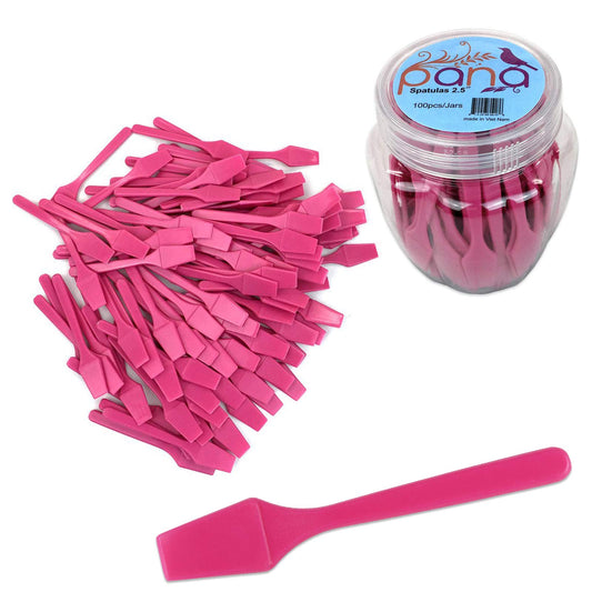 PANA 100pcs Brand Cosmetic Make Up Disposable Plastic 2.5" Spatulas Skin Care Facial Cream Mask Spatula (100 Pieces in a Container) (PINK)