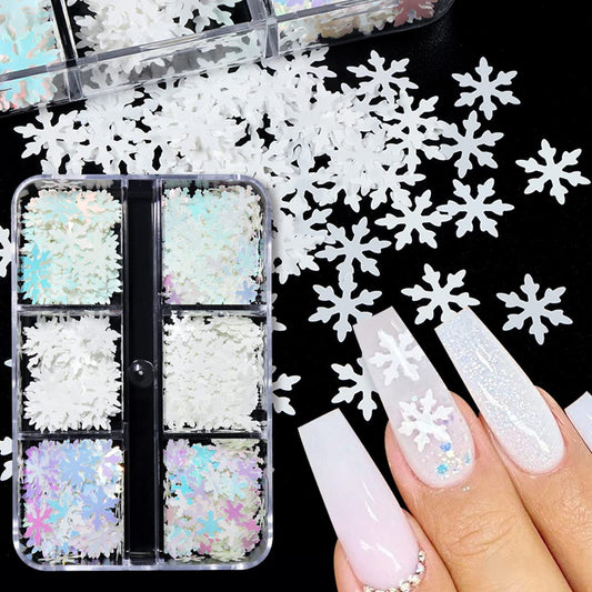 6 Grids White Snowflake Nail Glitters - Snowflakes Glitter Nail Sequins - 3D Holographic White Snow flake Shaped Sparkly Nail Art Xmas Holiday Nail Stickers Christmas Nail Art Decoration Nail Supplies