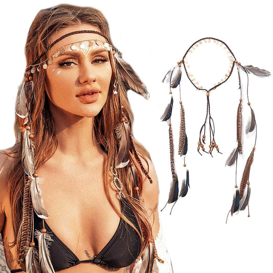 CAKURE Feather Headbands Sequin Head Chain Gypsy Indian Headpieces Bead Hippie Headbands Boho Hair Chain Feather Hair Accessories for Women and Gilrs (Type A)