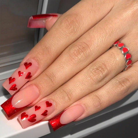 Press on Nails Medium Long Length Square Fake Nails with Red Heart Glitter Designs Valentines Red French Tip Glue on Nails Pink Full Cover Nails Press ons for Women 24 Pcs