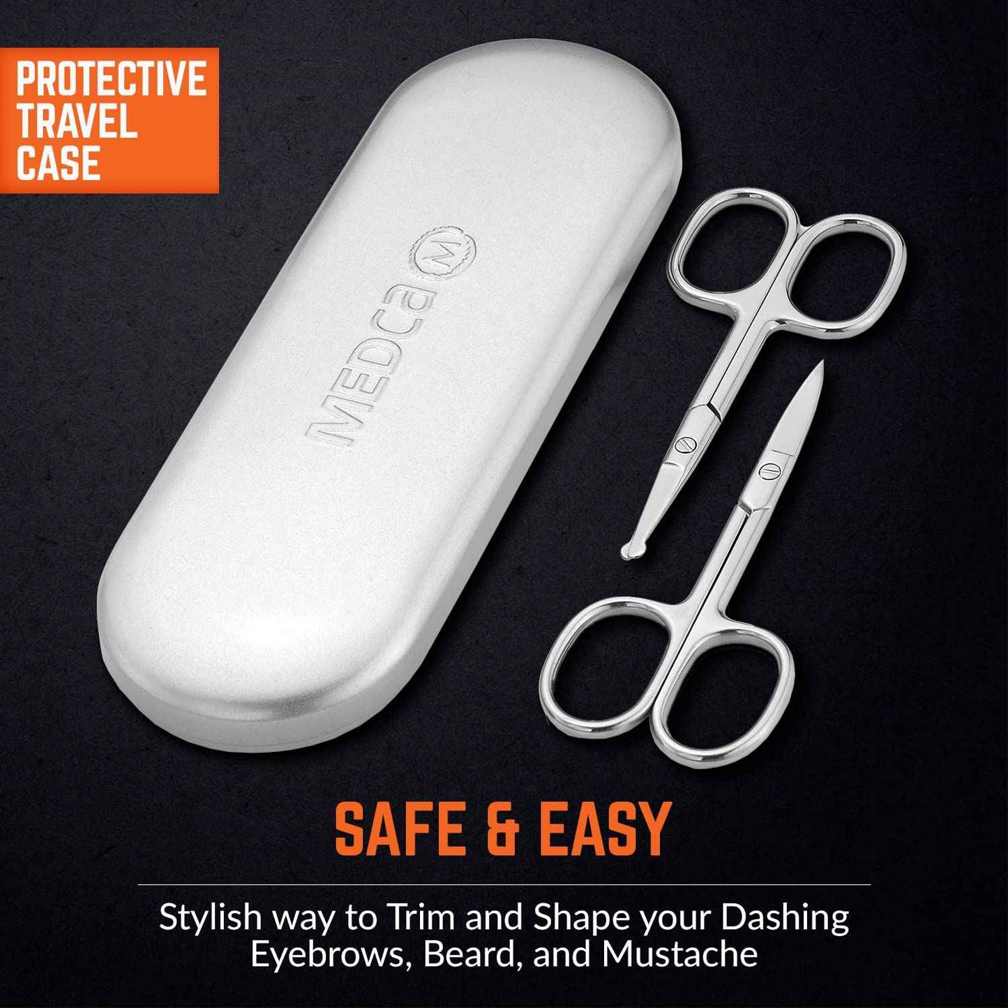 Stainless Steel Grooming Scissors - Eyebrow Scissor, Beard & Mustache Trimming Set, Small Curved & Rounded Tip Facial Hair Trimmer Kit for A Much Safer Ear, Nose Hair Clipper for Men & Travel Case