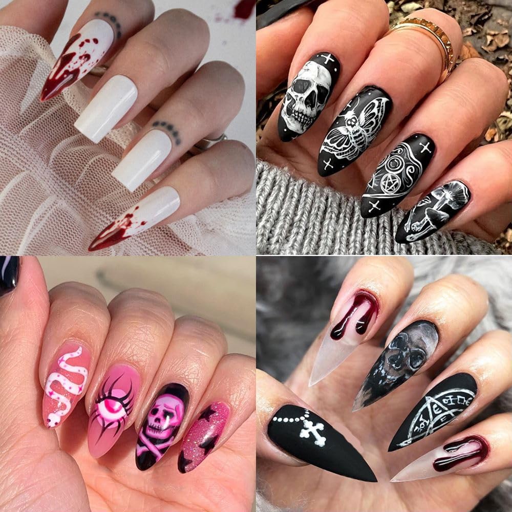 6 Sheets Ghost Halloween Nail Art Stickers Decals Skull Pumpkin Bat Nail Decals 3D Self-Adhesive Red Blood Drop Scar Design Nail Art Stickers Halloween Party Nail Supplies for Women Girls Manicure