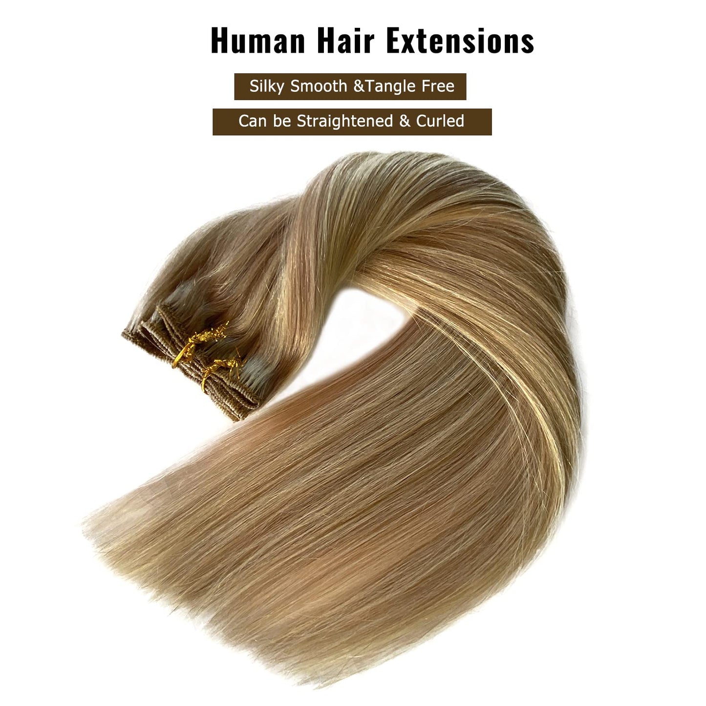 Hair Extensions Real Human Hair Clip ins, Remy Human Hair Clip in Extensions 7 Pieces 70G Golden Blonde to Light Blonde Highlights Double Wefts Clip in Hair Extensions for Fine Hair Women 16 Inch