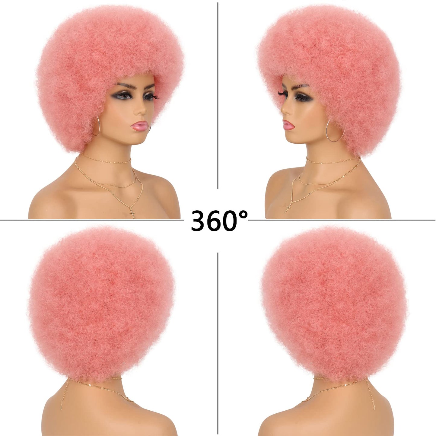 G&T Wig 70s Afro Curly Wigs for Black Women Short Pink Wig Afro Kinky Wig with Bangs for Daily Disco Party Use (97C)