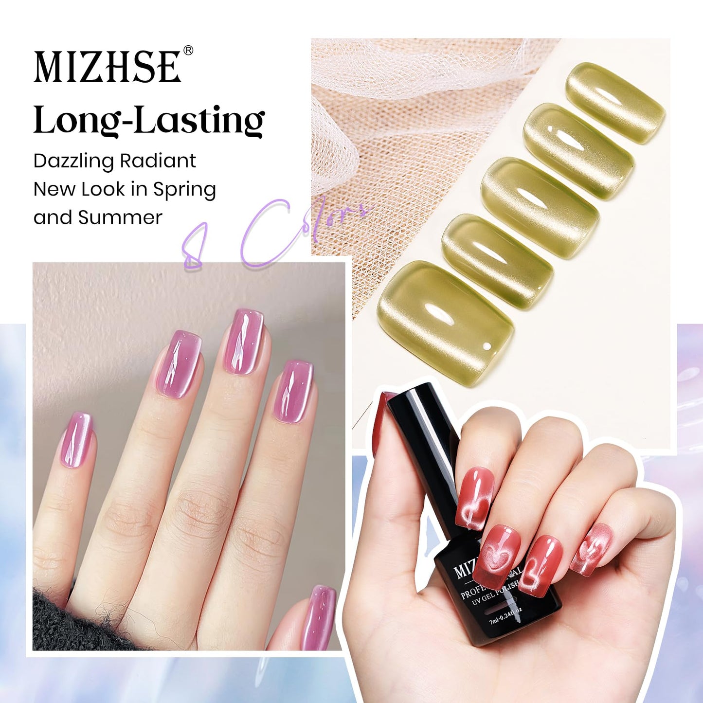 MIZHSE Cat Eye Gel Nail Polish: 8 Colors Ceramic Magnetic Gel Polish Set with Magnet Stick, Crystal Glass Pink Green Blue Spring Colors Smoothie Nail Gel Soak Off UV/LED Nail Art Salon Home Gift