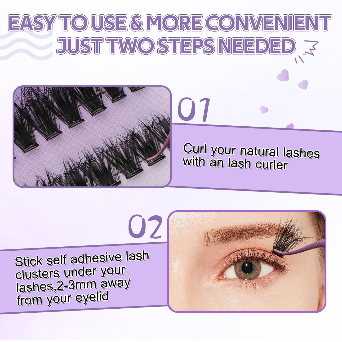 Self Adhesive Eyelashes Press On Lash Clusters 60/80/100D Eyelash Clusters Kit 3D Curl Lash Extension Kit 12-16mm Pre-Glued Cluster Lashes DIY Eyelash Extensions No Remover Lashes Self Application