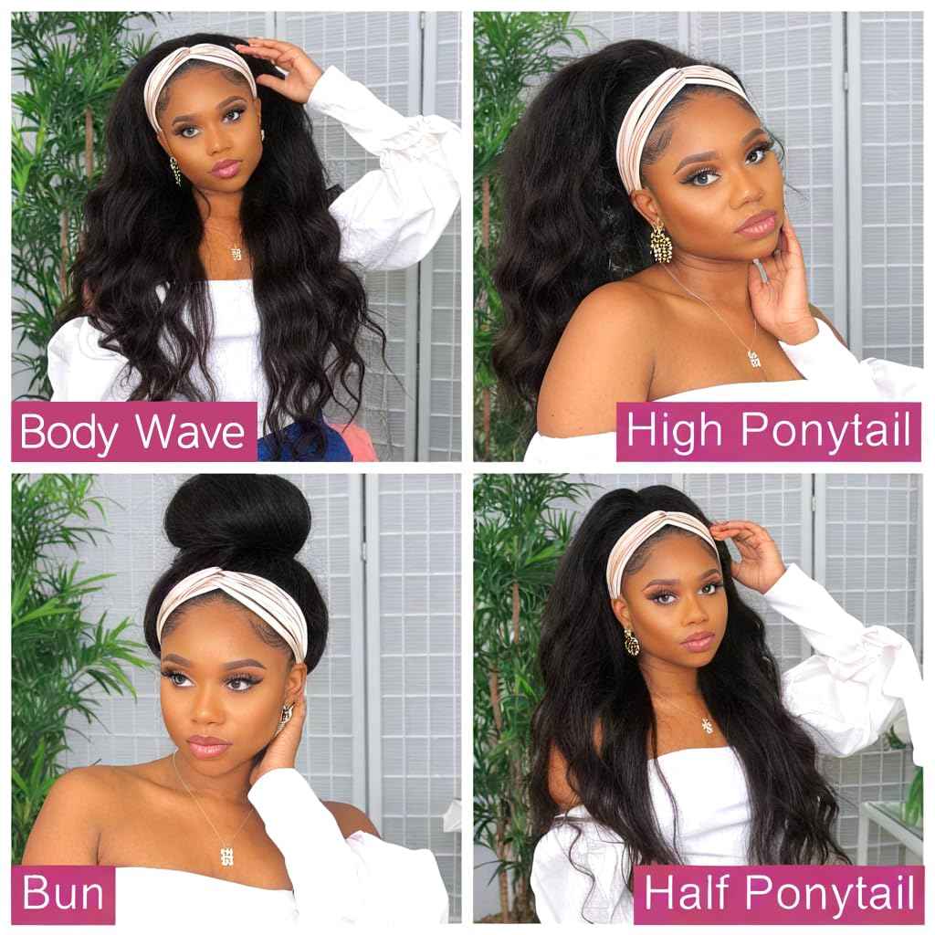 olimaruly Headband Wig Human Hair Body Wave 14 inch None Lace Front Wig Human Hair Machine Made Wigs Glueless Human Hair Headband Half Wigs for Black Women 150% Density Natural Color
