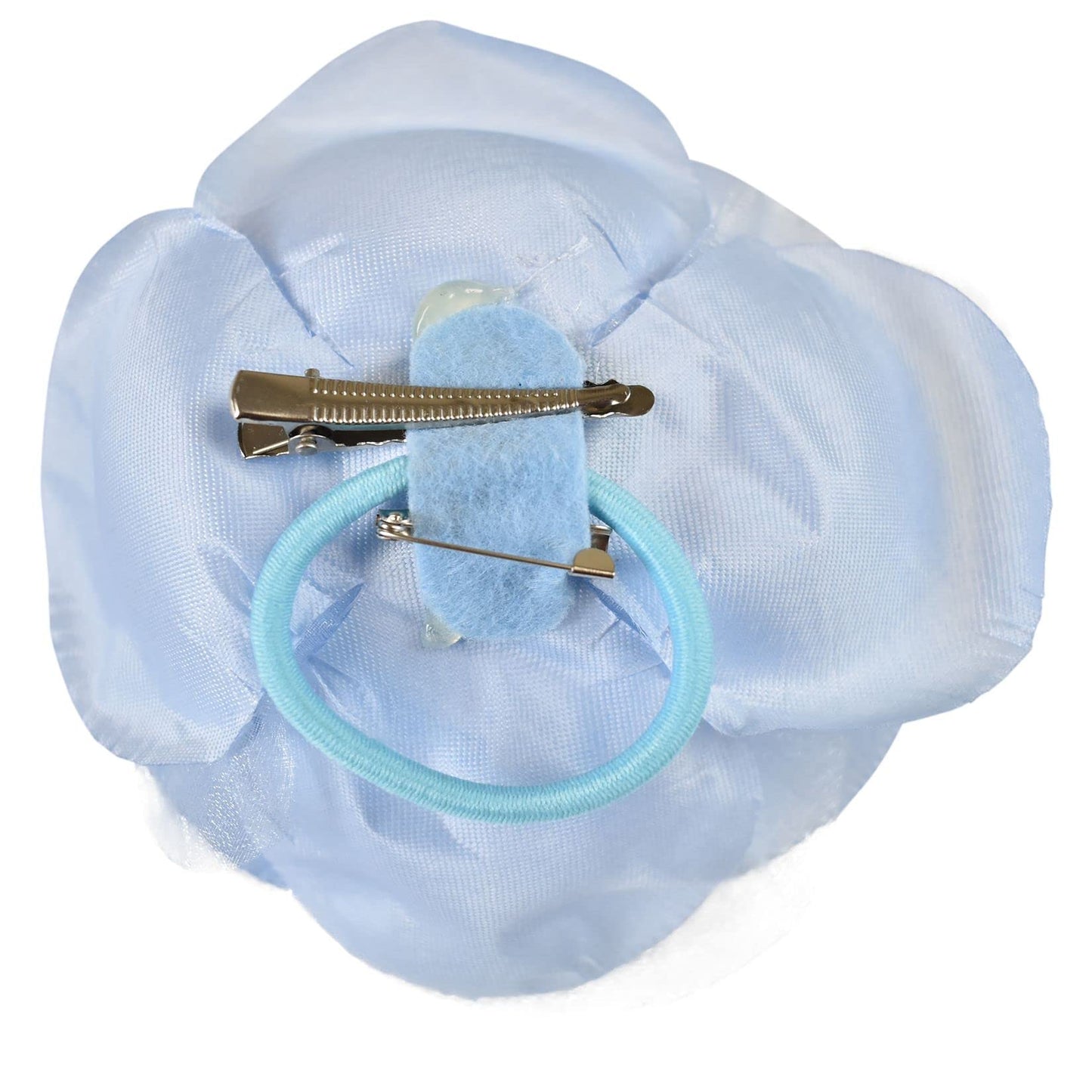 Women's Multifunction Large Rose Flower Sheer Petal Brooch Pin Hair Tie Clip, Light Blue