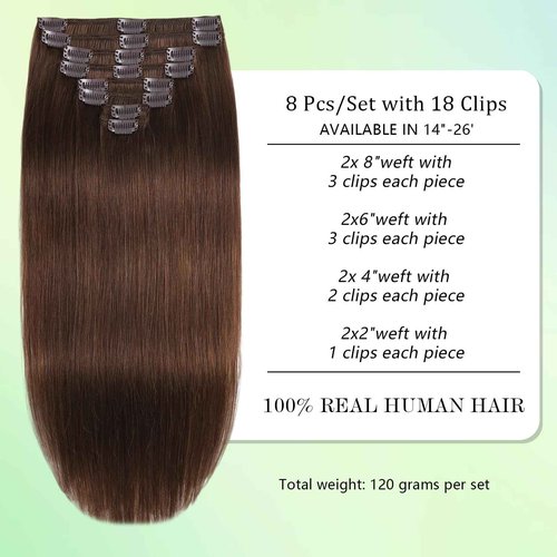 Clip in Hair Extensions Chocolate Brown 100% Human Hair Straight Hair Extensions Clip in Extensions Real Human Hair Chocolate Brown Color #4 Hair Clip ins for Women 14 Inch 8pcs 120g