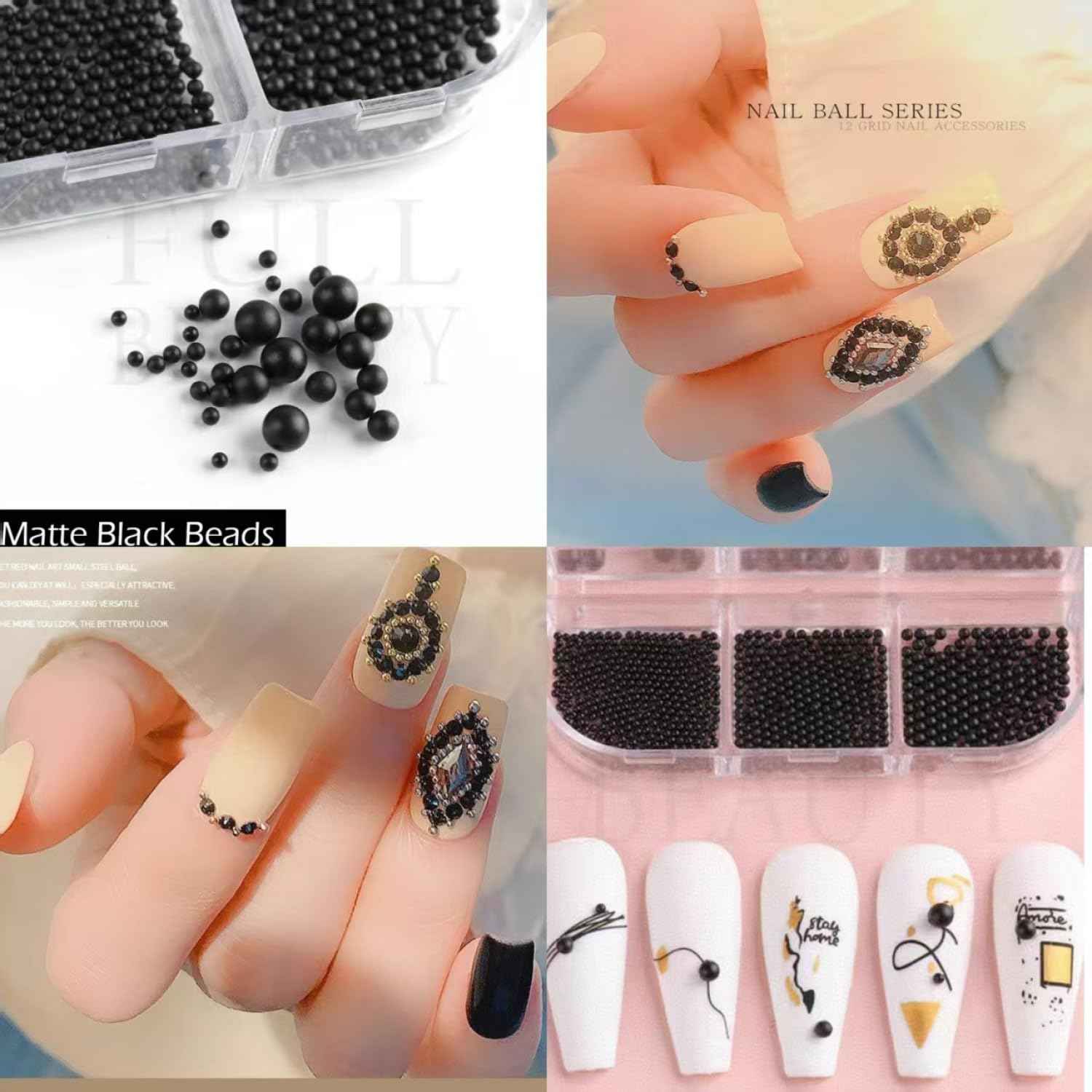 Chunmeng 12 Grids Art Charms Metal Beads 3D Caviar Small Steel Ball Nail Accessories Nail Art Metal Mini 3D Mixed Sizes DIY ons Accessories （Black）