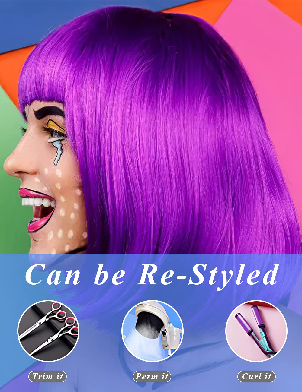 LOHO MAGICA 6 Pack Colored Wigs, Funky Colorful Wigs, Short Bob Hair Wigs, Neon Party Wigs, Cosplay Wigs with Rimless Heart Sunglasses