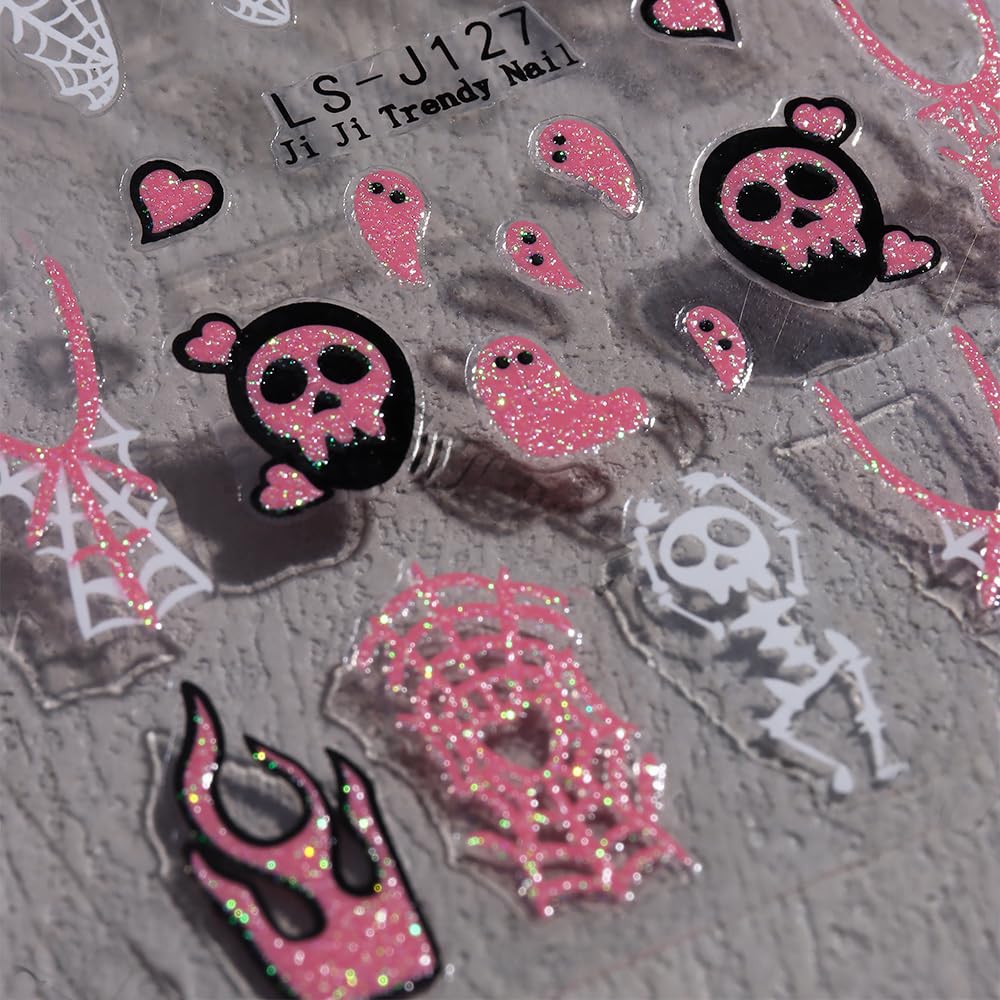 4 Sheet Halloween Nail Art Stickers Halloween 3D Self-Adhesive Cartoon Nail Stickers Decals Cute Butterfly Flame Heart Spider Web Skull Designs Halloween Nail Decorations DIY Nail Supplies for Women