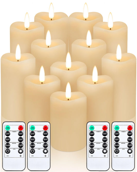 Baquler 12 Pack Flickering Flameless Candles Set Battery Operated LED Candles with Remote and Timer Flat Top Flameless Candles Pillar Candles for Wedding Birthday Party Decor D 3" H 4" 5" 6"