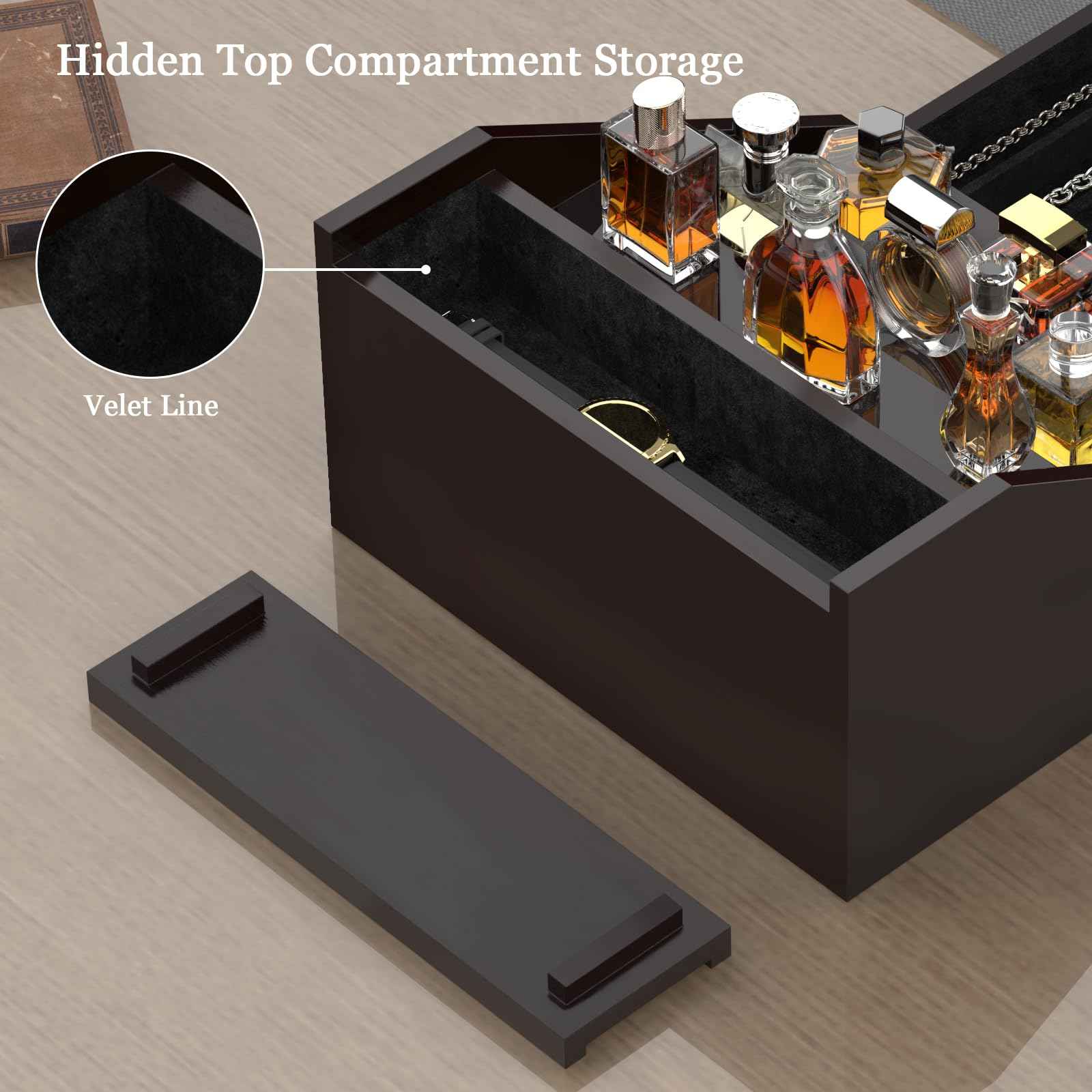 upcessory Wooden Cologne Organizer for Men Enhanced 4 Tier Cologne Stand Shelf Perfume Organizer with Velvet Lined Drawer & Hidden Storage Perfume Display Holder for Dresser Nice Gift (Stylish Brown)