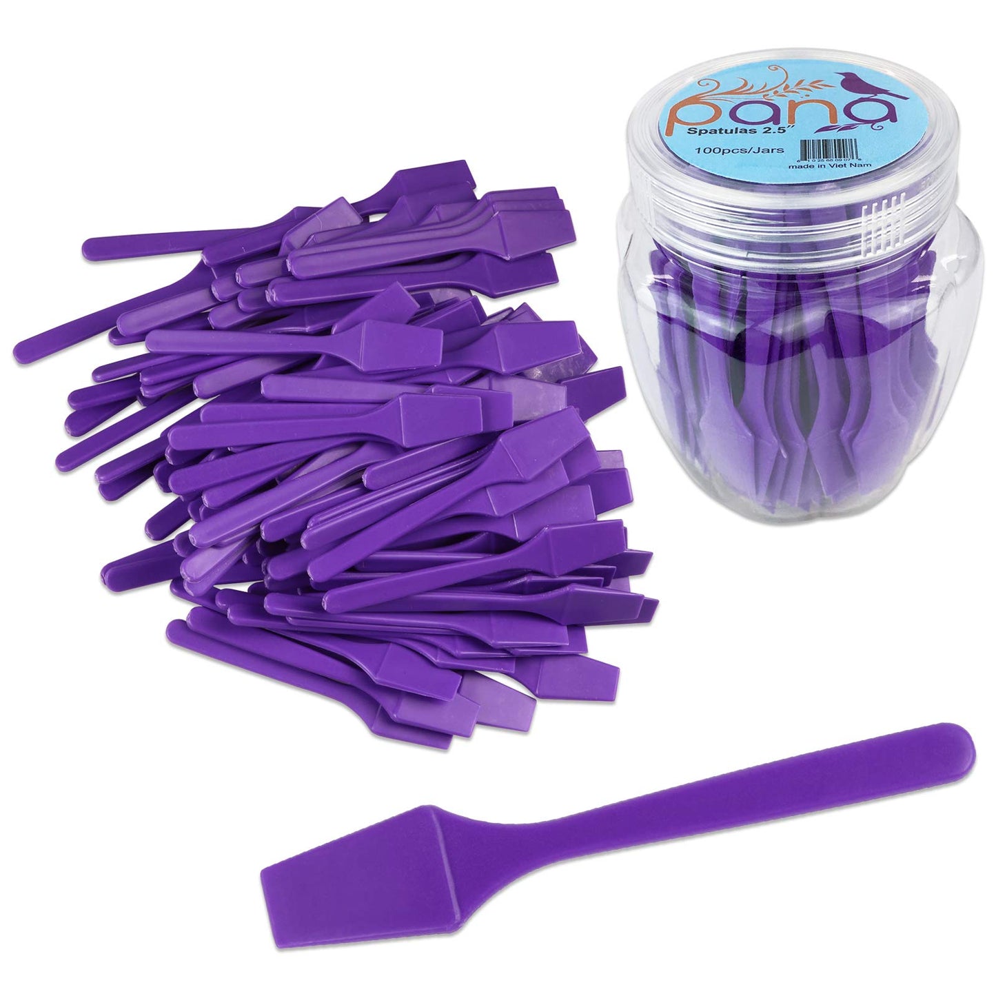 PANA 100pcs Brand Cosmetic Make Up Disposable Plastic 2.5" Spatulas Skin Care Facial Cream Mask Spatula (100 Pieces in a Container) (PURPLE)