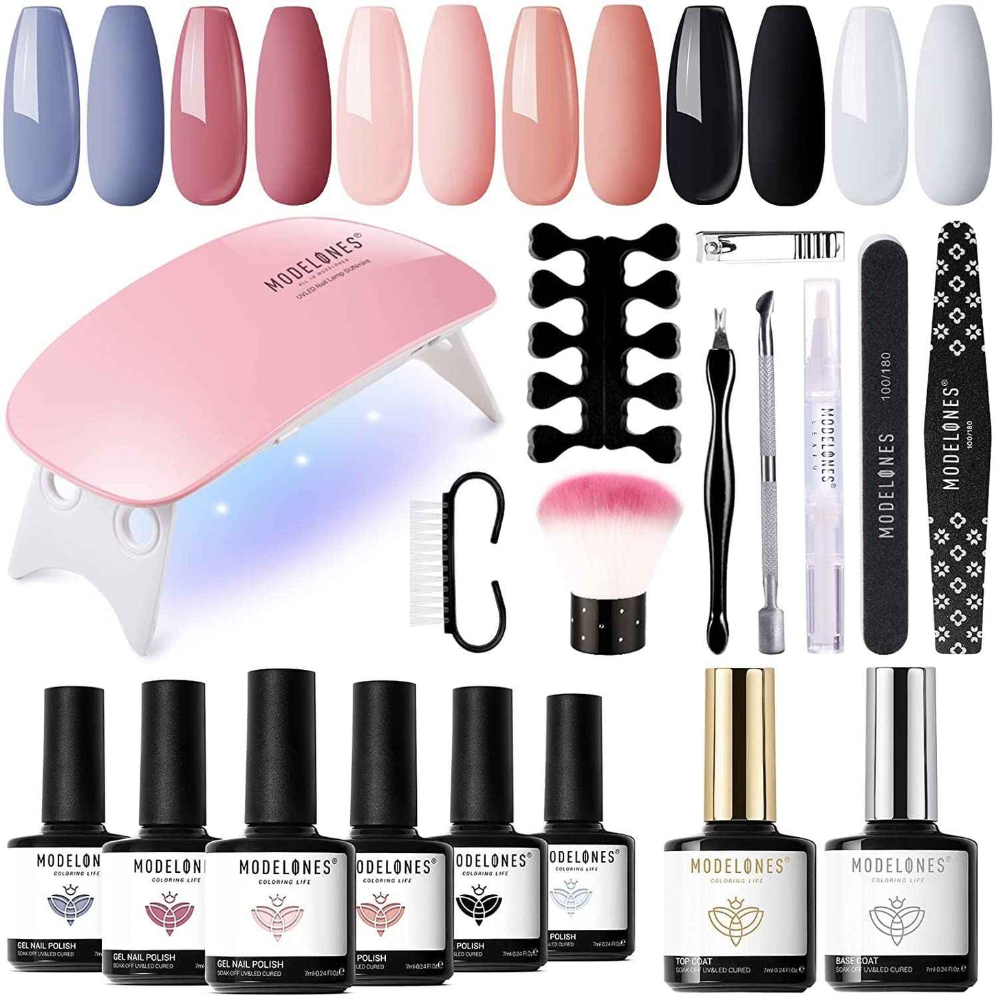 MODELONES Dip Powder Nail Kit Starter-12 Nude Colors French Style Dipping Powder with Base Top Coat 2 in 1 Set, Essential Manicure Nail Art System No Lamp Needed