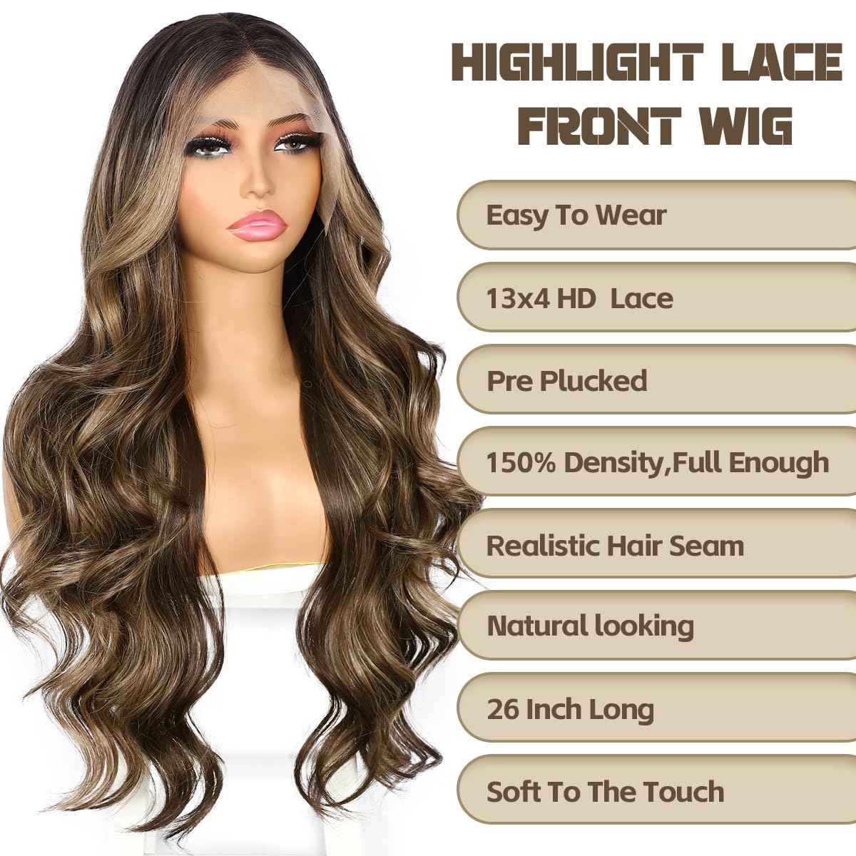 BABEHERS Brown Lace Front Wig for Women 13x4 Highlight synthetic Wig Pre-plucked Body Wave Long Wavy 150% Density Heat Resistant Hair for Daily Party Use 26 Inch