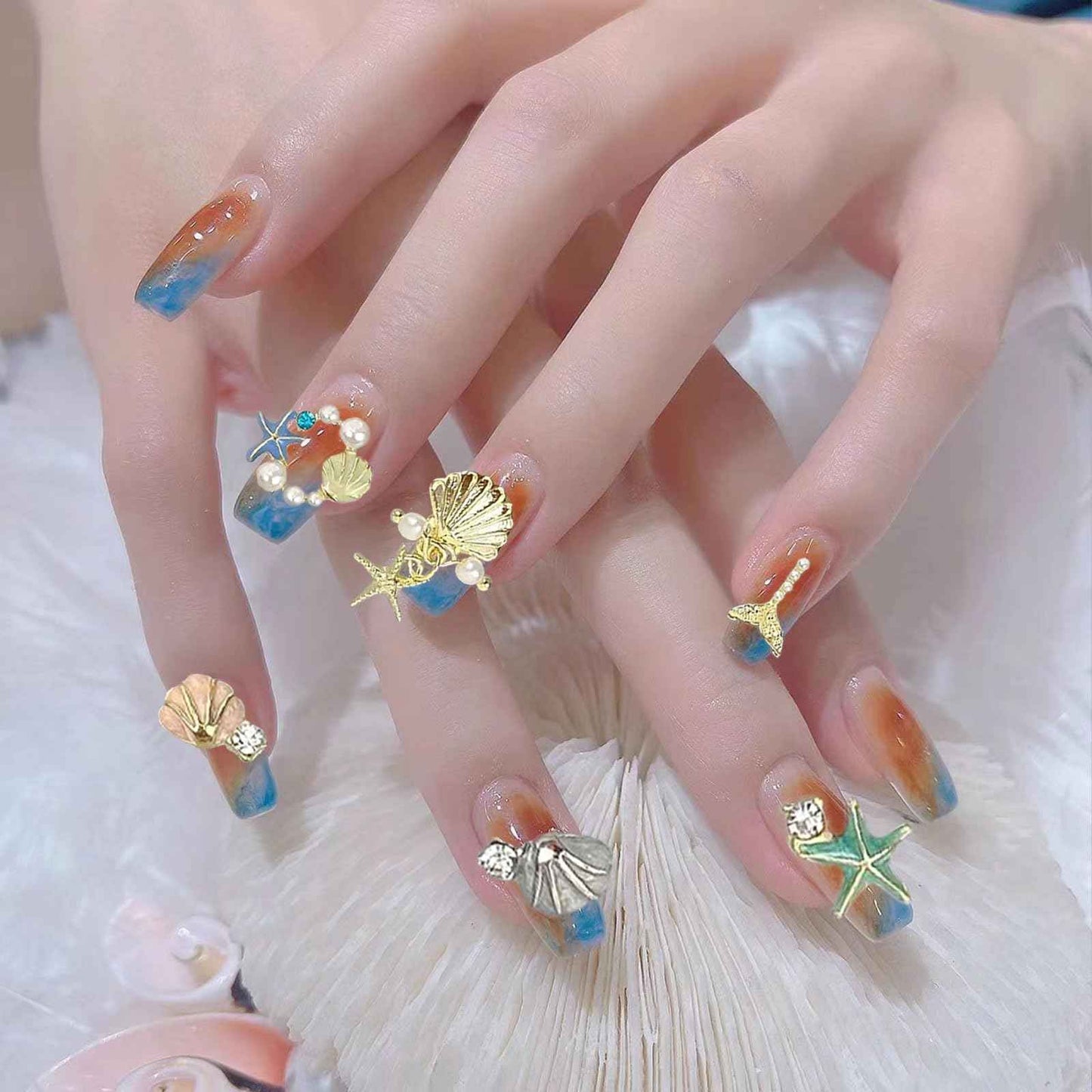 32PCS 3D Summer Beach Art Rhinestones Shell Starfish Fishtail Nail Studs Sea Series Ocean Theme Alloy Nail Charms Supplies for Nail Art Designs DIY Manicure Decoration